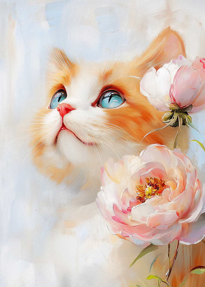 Cute Orange Tabby Cat with Peonies