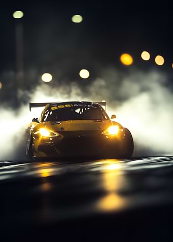 yellow racing car drifting out of a cloud of smoke