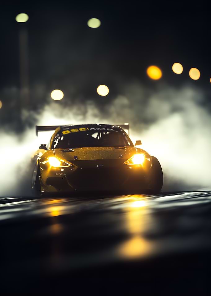 yellow racing car drifting out of a cloud of smoke