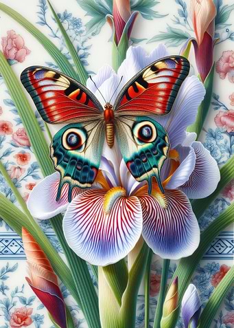 Butterfly on Iris Flower