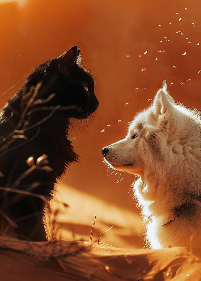 Black Cat and Samoyed Dog In The Desert