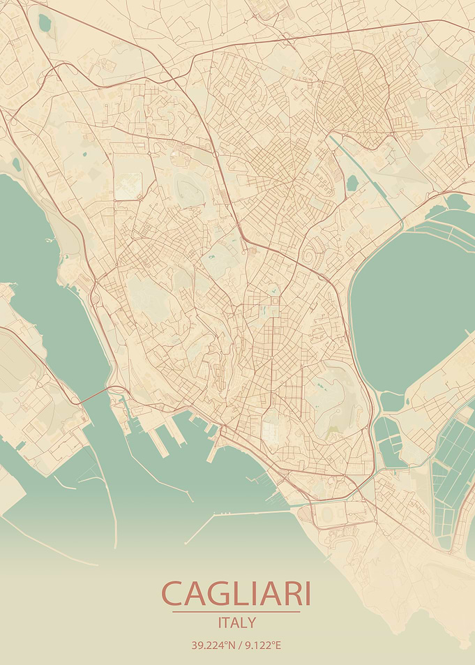 Cagliari Italy Vintage Style City Map