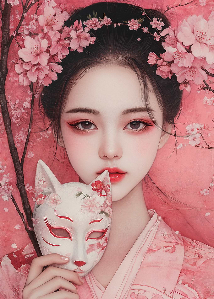 Japanese Girl With Kitsune Mask & Cherry Blossoms