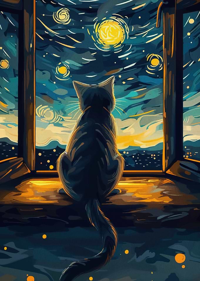 Cat Gazing at Starry Night