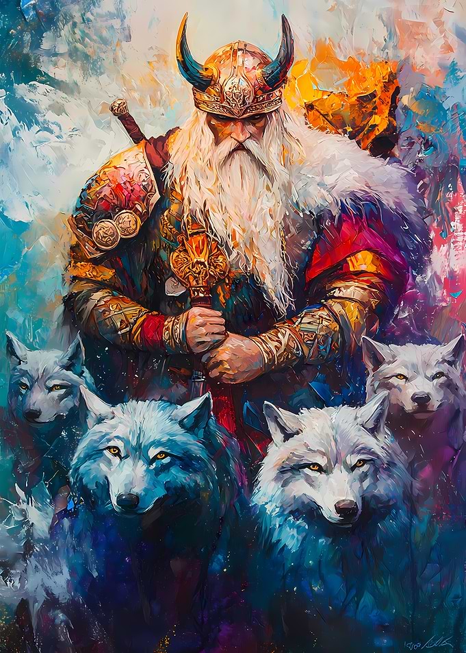 Viking Nordic Warrior God Odin with Wolves