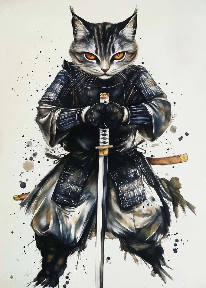 Samurai Cat Watercolor Japan