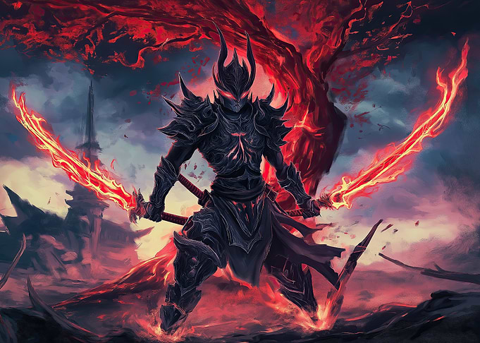 Dark Warrior with Flaming Swords