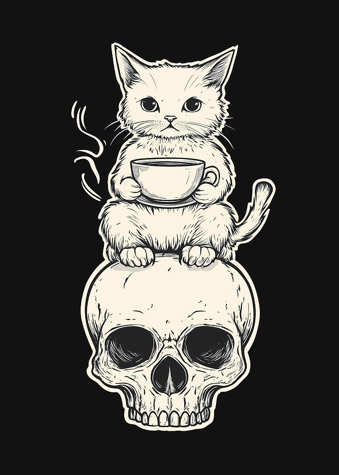 Cat on Skull with Coffee