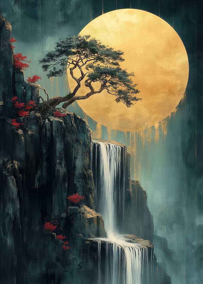 Waterfall Under Moon