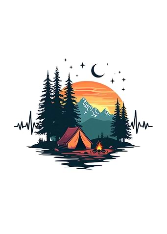 Camping Sunset Illustration camping heartbeat pine trees and mountains scene campfire and tent moon and stars graphic for campers