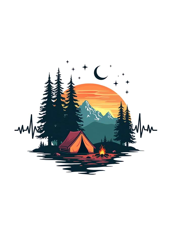 Camping Sunset Illustration camping heartbeat pine trees and mountains scene campfire and tent moon and stars graphic for campers