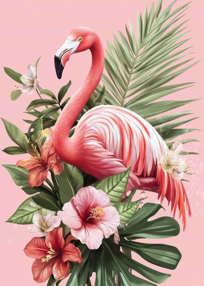 Pink Flamingo with Tropical Flowers