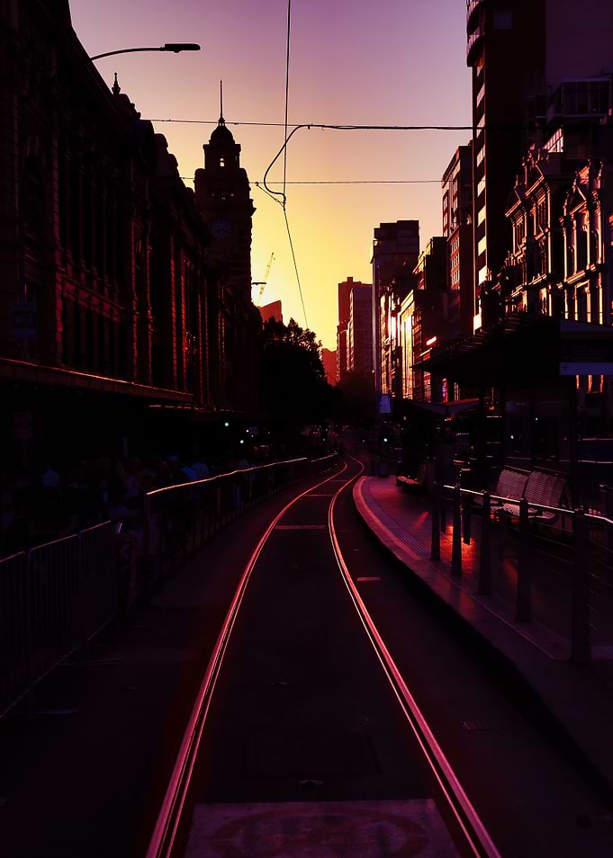 Cityscape Sunset Tram Tracks