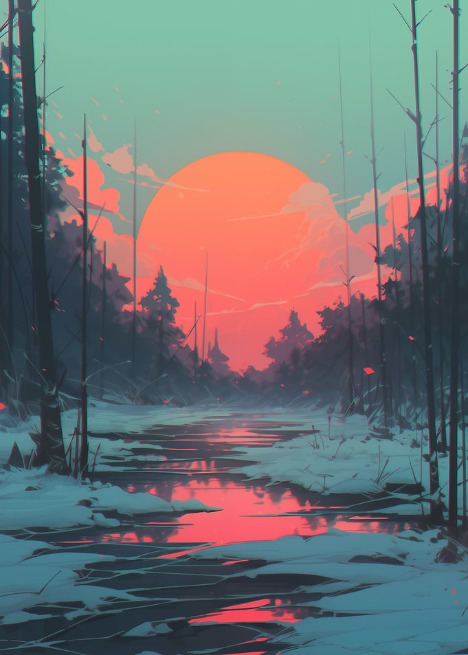 Sunset Over Frozen River