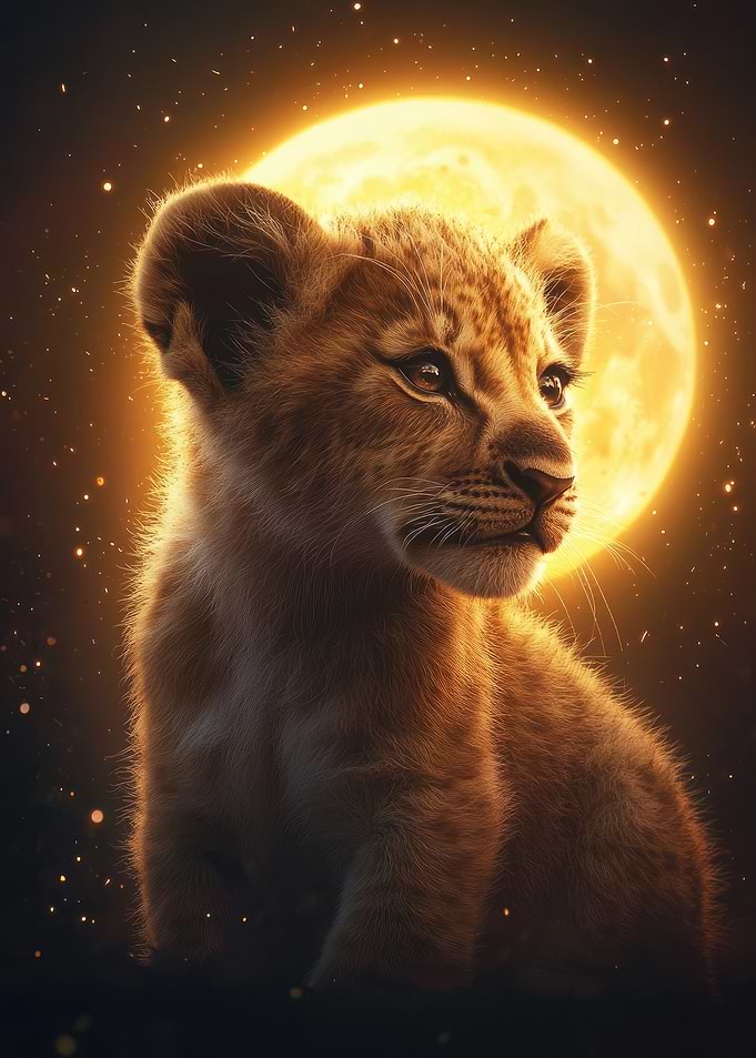 Lion Cub Under Full Moon