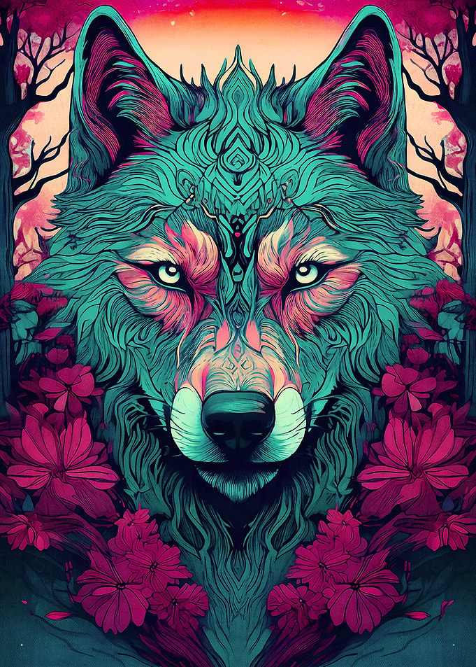 Wolf with Floral Design