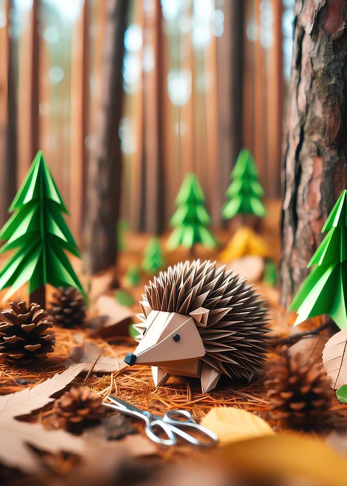 Origami Hedgehog in Forest