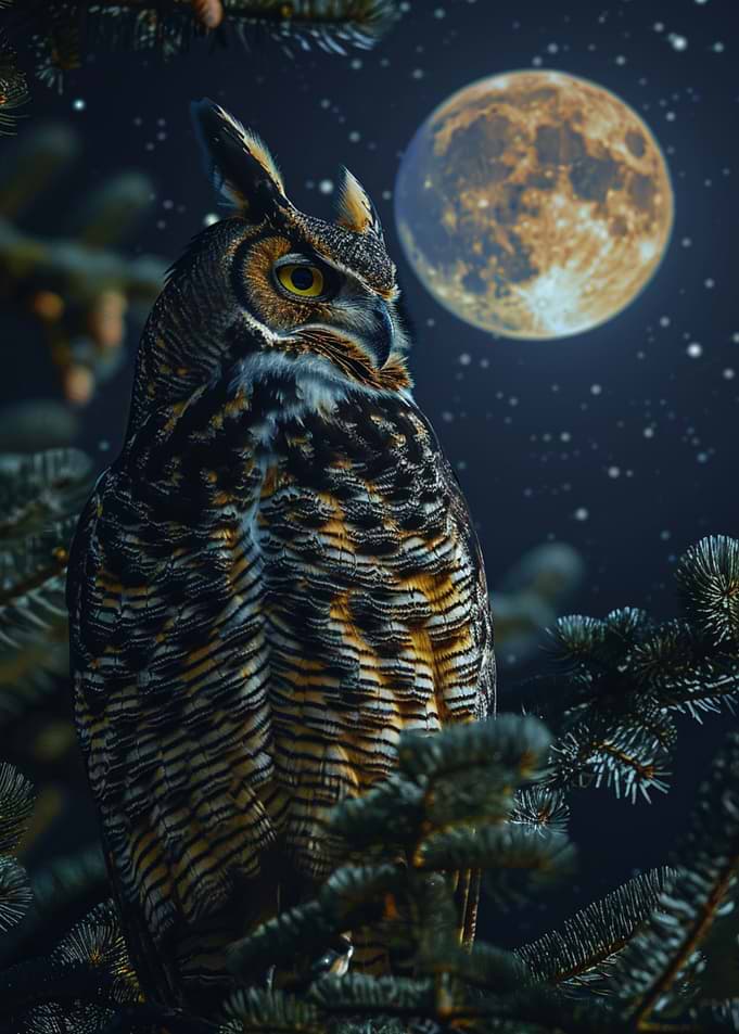 Great Horned Owl Under Moonlight
