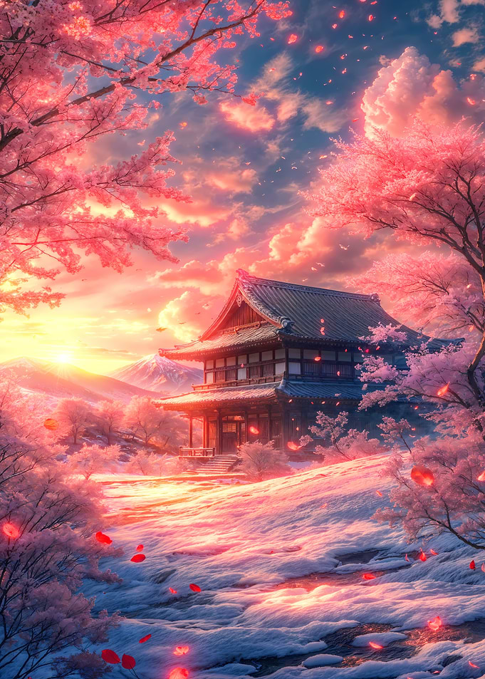 Japanese Sakura Snow Sunset
