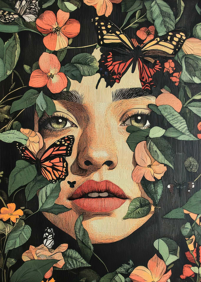 Woman in Bloom, Flowers and butterfly woman face, woman face in botanical flowers