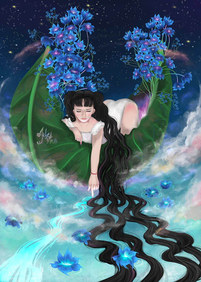 Dreamy Girl with Blue Flowers Lost in the Sea of the Sky