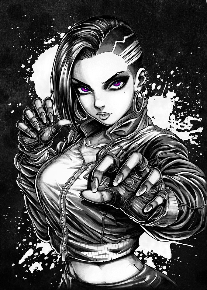 Female Fighter with Purple Eyes - Black and White