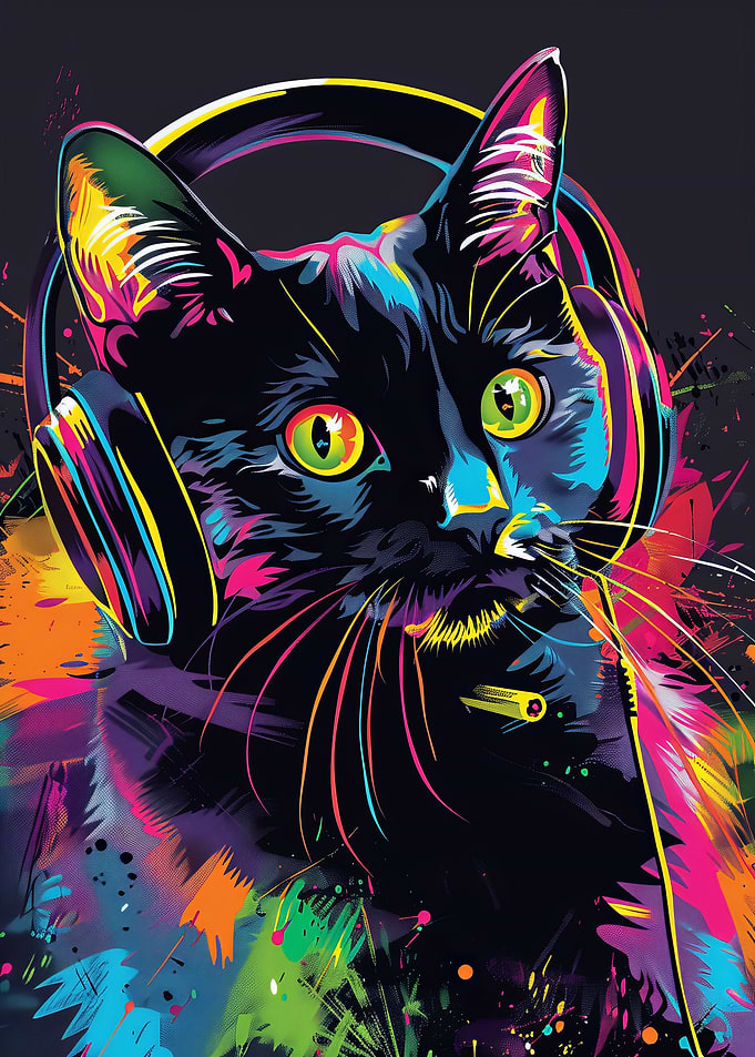 Cool Black Cat DJ Cat with Headphones