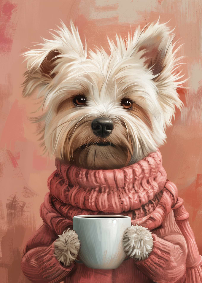 Dog in Pink Sweater with Coffee