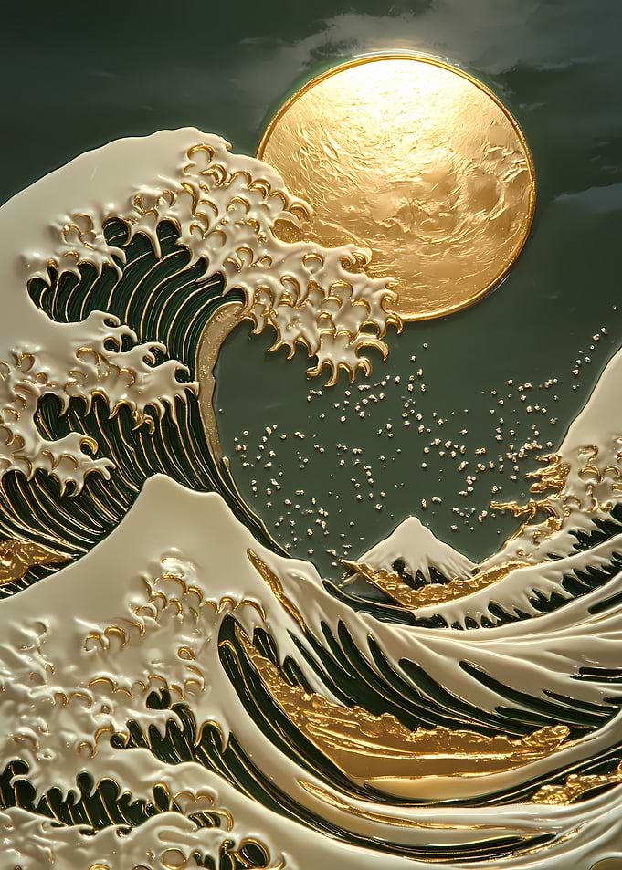 Great Wave Kanagawa Moon Japanese 3D Art