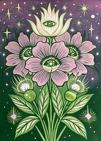 Surreal Mystical Eye Flowers Under Cosmic Night Sky
