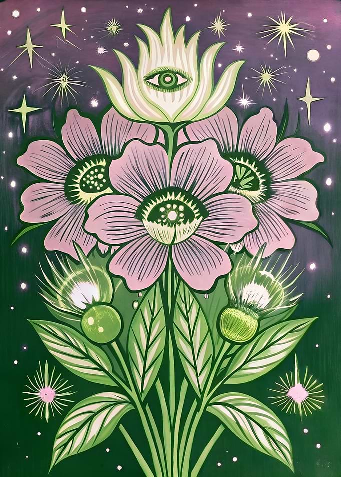 Surreal Mystical Eye Flowers Under Cosmic Night Sky