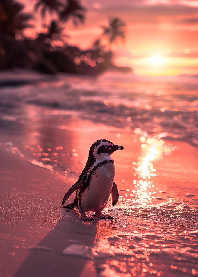 Cute Penguin Sunset Beach Ocean