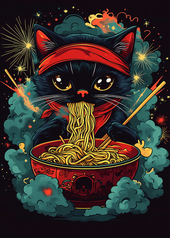 Black Cat with a red bandana enjoying eating ramen noodles