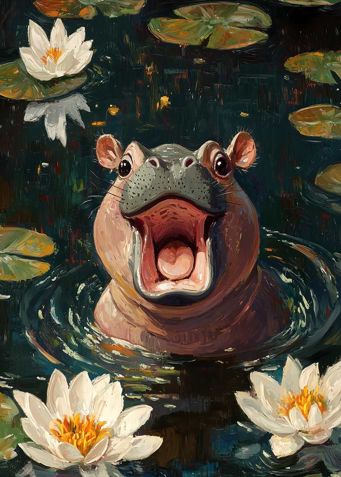 Smiling Hippo in Water Lilies