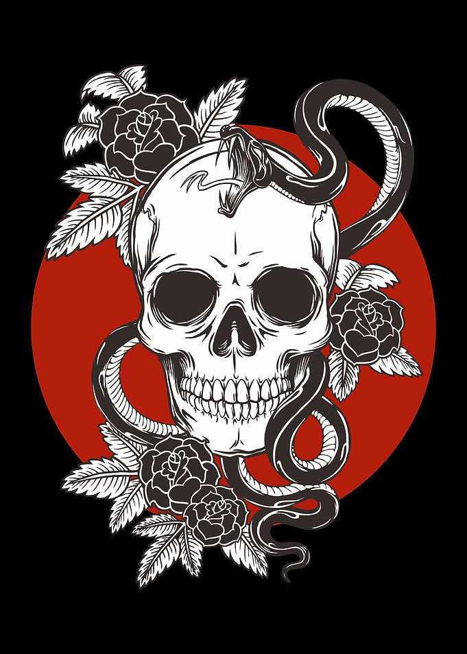 Skull with Snake and Roses
