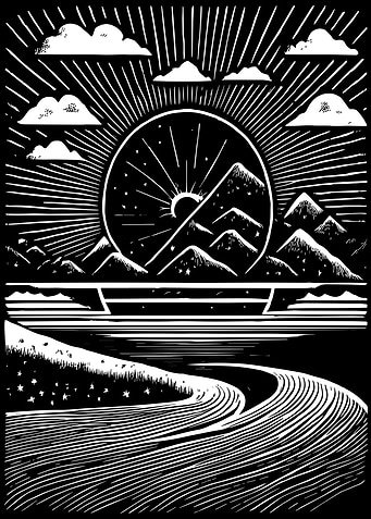 Cosmic Mountain Sunrise: Black and White Celestial Landscape Art