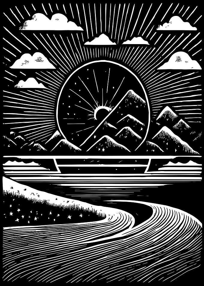 Cosmic Mountain Sunrise: Black and White Celestial Landscape Art