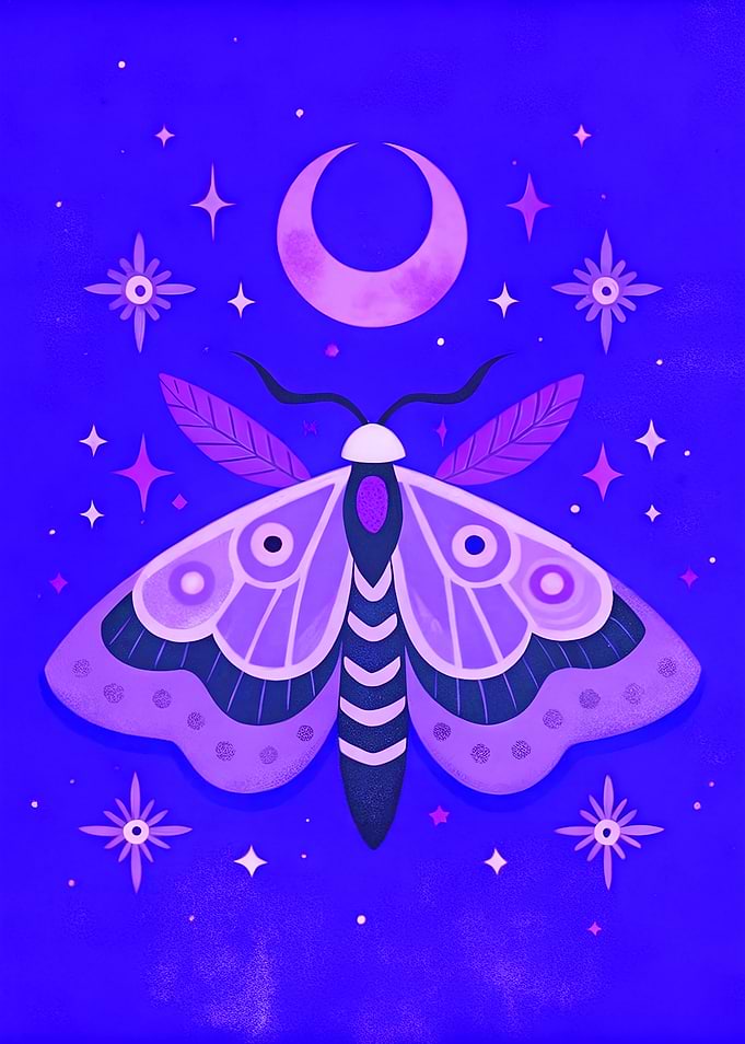 Whimsigoth Lunar Moth with Celestial Moon and Stars in Purple