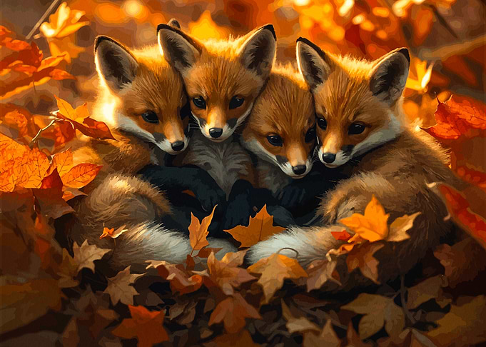 Fox Cubs in Autumn Leaves