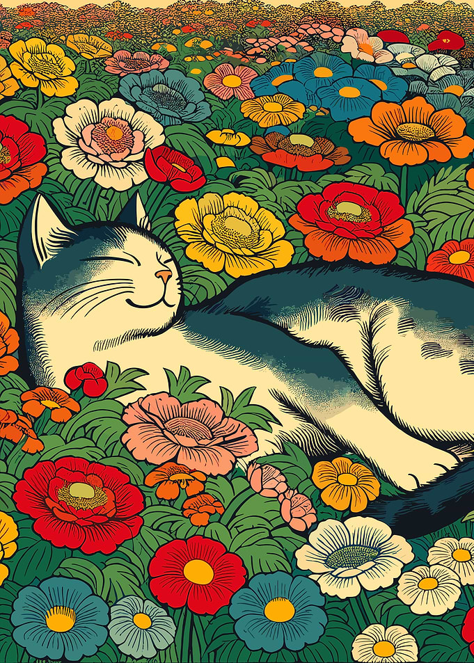 Cat in Flower Field