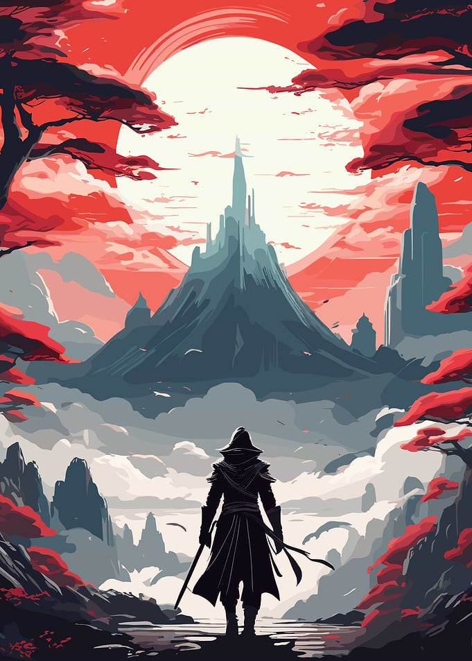 Silhouetted Figure in Fantasy Landscape
