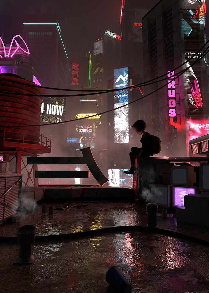 Anime Girl in raining Cyberpunk Cityscape