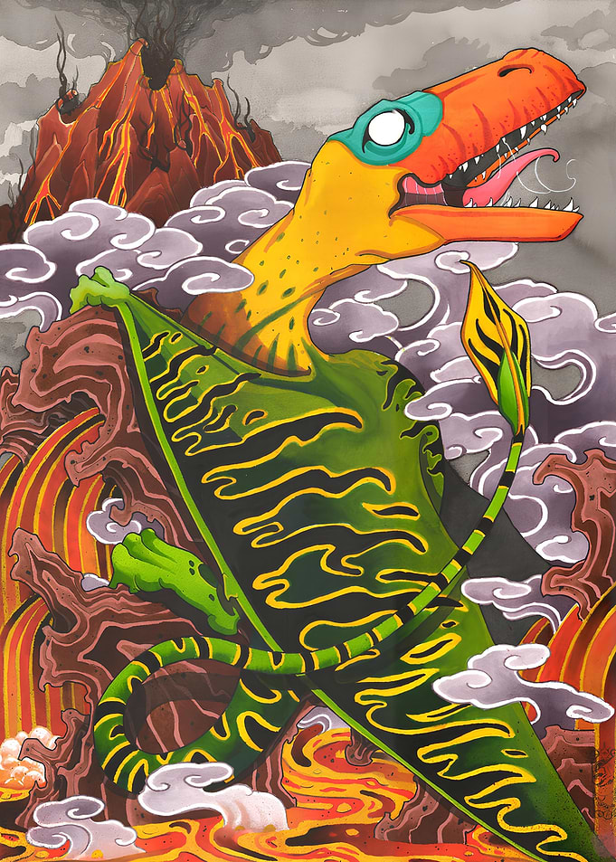 Dinosaure Volant sur un Volcan