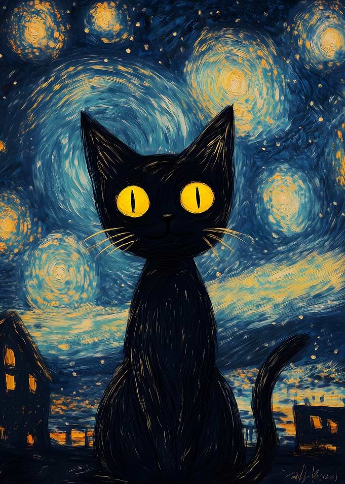 Black Cat in Jolly Starry Night