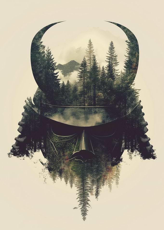 Samurai Helmet Forest Double Exposure