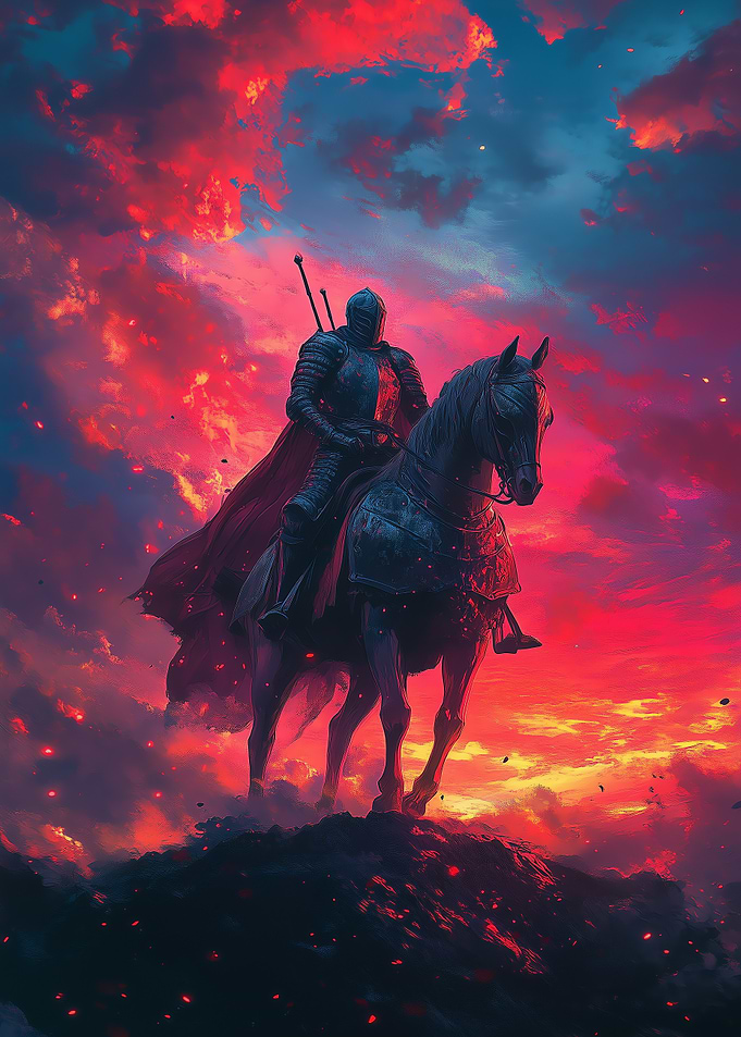 Knight on Horseback at Sunset