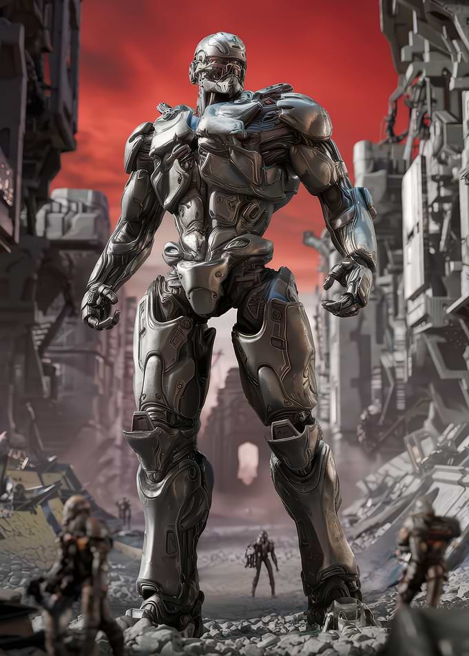 Mech Warrior in Post-Apocalyptic City