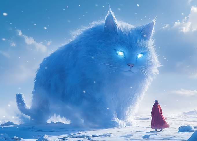 Giant Cat And A Traveller