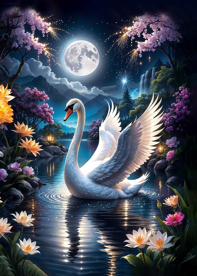 Swan in magic Lake Under Full Moon