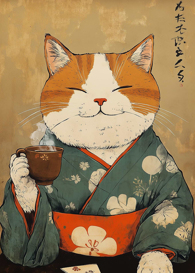 Smiling Cat in Kimono Drinking Tea